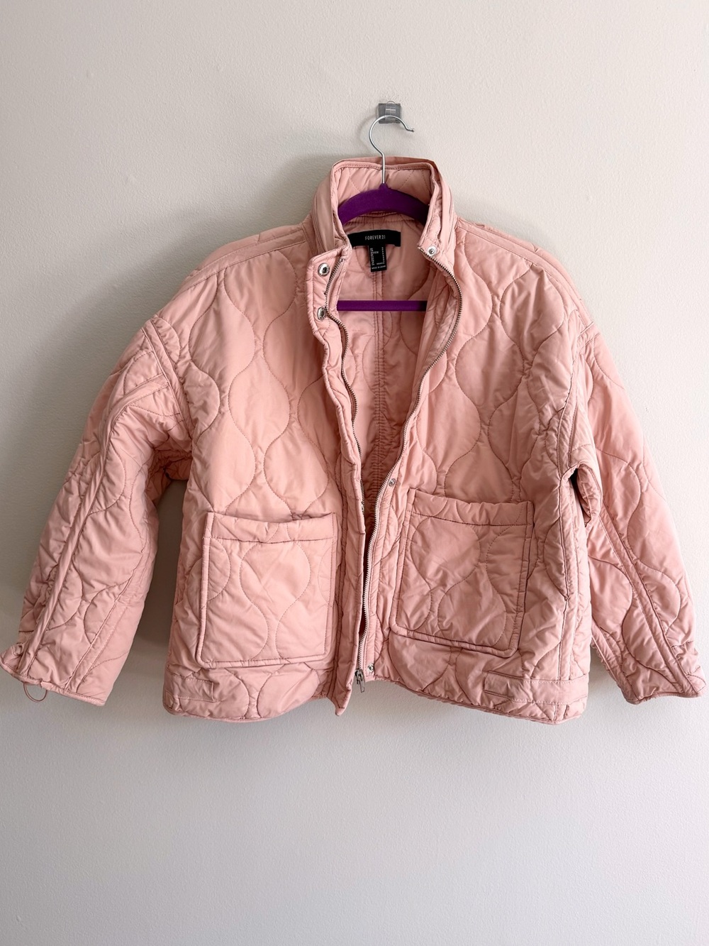 Forever 21 Quilted Pink Jacket with Pockets and A Hood Tucked Away in the Collar